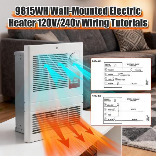 9815WH High-Capacity Wall-Mounted Electric Heater with Built-In Adjustable Thermostat and Silent Motor Delivers 1500W,120/240V Voltage Suitable for Kitchen,Bedroom,Living Room, Corridor, White