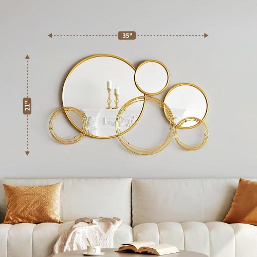 Uniclinens Modern Gold Round Mirror Decor - Large Sculpture Mirror for Living Room, Boho Wall Mirror Decor for Dining Room, Entryway, Hallway, Bedroom, 35X21