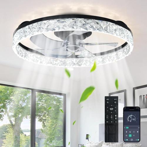 Depuley Bladeless Ceiling Fans with Lights: 20 Black Modern Low Profile Flush Mount Ceiling Fan with App Remote Control - Bedroom Enclosed Crystal Fandelier with Dimmable LED for Living Room Kitchen