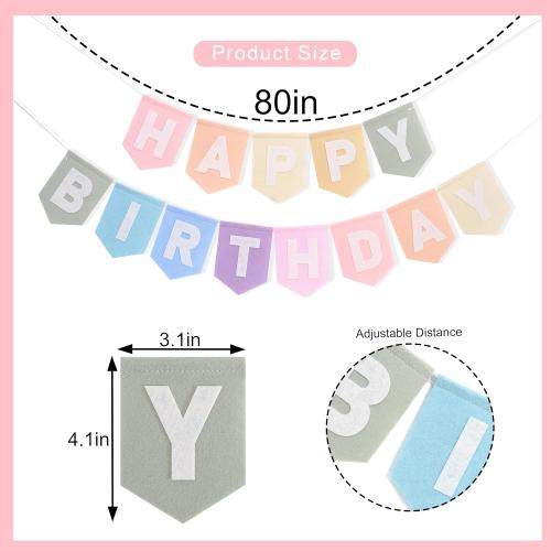 Felt Happy Birthday Bunting - Pastel Rainbow Banner, Happy Birthday Garland, Kids Party Decorations, Party Photo Props