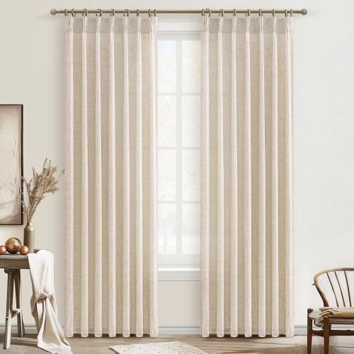 Pinch Pleat Semi Sheer Curtains 84 Inches Long for Bedroom,Elegant Natural Beige Faux Linen Light Filtering Heat Textured Curtains 2 Panels Set with Track Hooks/Rings for Living Room Windows W40 xL84