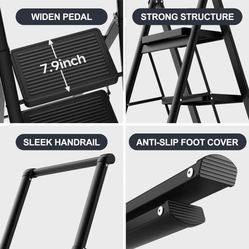 Size 5 Step Color Black Ladder Folding Step Stool Stepladders with Anti-Slip and Wide Pedal for Home and Kitchen Use Space Saving (Black)