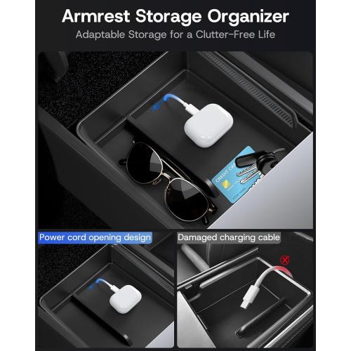 Center Console Organizer Tray for Tesla Model Y Juniper 2026 2025 (Premium & Performance), 8PCS - PC Material & Silent Silicone Armrest Storage Box Bottom Liners Wireless Charging Pad Cup Holder