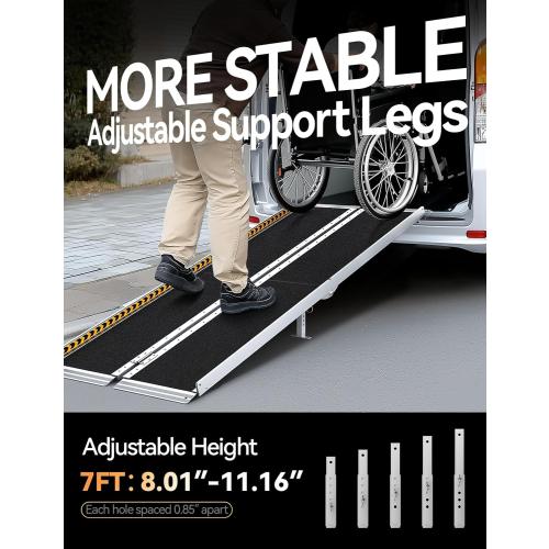 FACHNUO Size 7 Feet Portable Wheelchair Ramp with Sopport Legs, Non-Skid Aluminum Handicap Ramps with Handle, Folding Threshold Wheel Chair Ramp for Home Steps, Stairs, Entry,Doorways, 800LBS Capacity