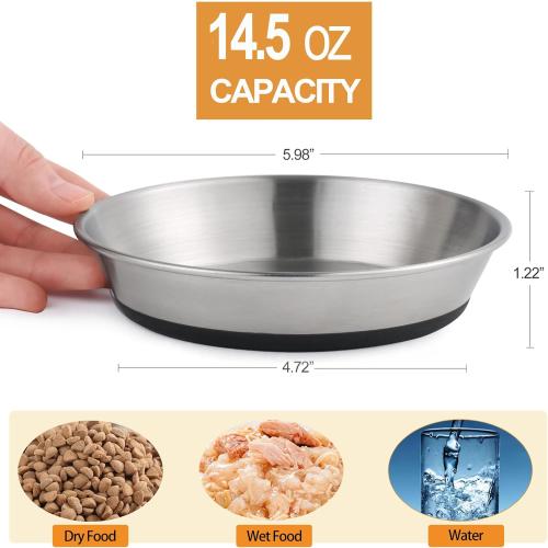 Stainless Steel Cat Bowls,Whisker Friendly Shallow Cat Dishes for Food and Water,Non-Slip Silicone Bottom,Heavy Duty,Replacement Kitten Metal Plate for Elevated Stands,2 Pack