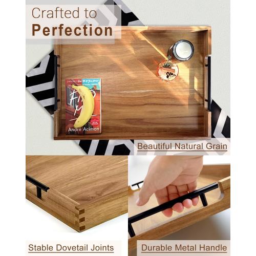 22 Inches Acacia Wood Serving Tray with Metal Handles, Large Wooden Rectangle Ottoman Tray, Decorative and Durable Design for Living Room Coffee Table Couch Kitchen