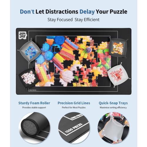 Join&Joy Jigsaw Puzzle Mat Roll Up, Rubber Saver Pad 46 x 26 , with 4 Sorting Trays & Travel Storage Bag, Portable Rollup Puzzles Keeper, Up to 1500 Pieces