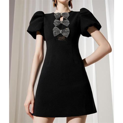 Size M Women's Crystal Bow Embellished Black Dress Mini Short A-Line Party Evening Gown Puff Sleeve Summer Dress