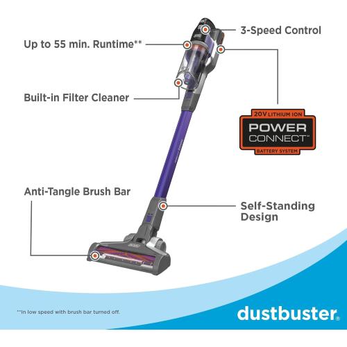 Purple BLACK DECKER Pet Hair Vacuum, Cordless Vacuum Cleaner Pet Hair, Up to 55 Minutes of Runtime, Interchangeable Floorhead, Maximum Suction, Multi-Surface, Light Weight, Powerseries Extreme (BSV2020P)
