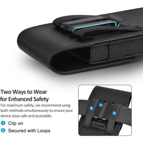 Leather Phone Holster with Strong Metal Belt Clip and Magnetic Closure Compatible with iPhone 16/15/14/13/12 Pro Max, Galaxy S25/S24/S23/S22 Plus & FE, L-Black