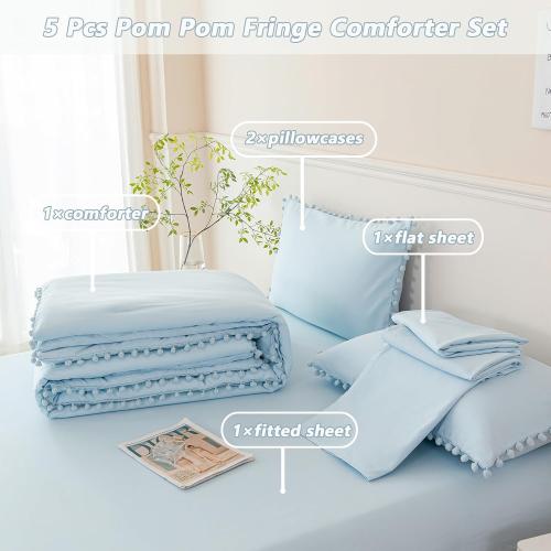 PERFEMET 3 Pieces Full Bed in A Bag Light Blue Pom Pom Bedding Set for Girls Boys Soft Fluffy Boho Solid Bedding Comforter Set with Sheets(Light Blue, Full)