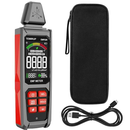 EMF Detector, TEMIRUP 5 in 1 Handheld EMF Meter Radiation Detector, Detects EF, RF, MF, WiFi Signal,Temperature, Humidity, Rechargeable EMF Reader with Large Color LCD for Home, Office, Ghost Hunting