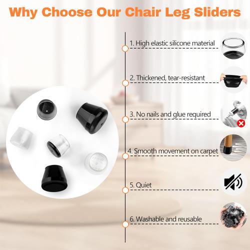 28pcs Chair Leg Protectors for Carpet, Round Chair Feet Glides Covers Caps Furniture Foot Sliders with Plastic Pads Damage-Free Move on Carpets (Fit:1-1/8~1-7/16, Black Bottom)