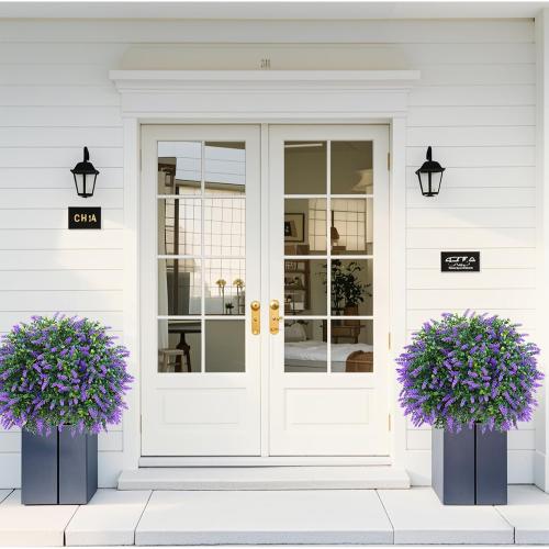 Artificial Lavender Topiary Ball Trees, 2 Set of UV Resistant Fake Evergreen Shrubs Bushes Plants with Ground Spike, Fake Plants for Outdoor Indoor Front Porch Garden