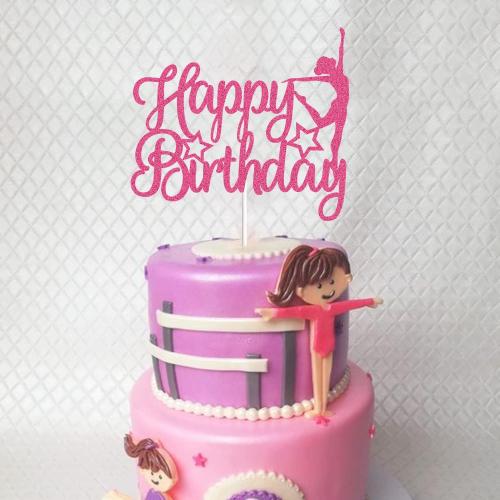 Gymnastics Happy Birthday Cake Topper Pink Rose Gold Glitter Gymnast Cake Decoration Gymnastics Sports Themed Baby Girl Birthday Party Supplies