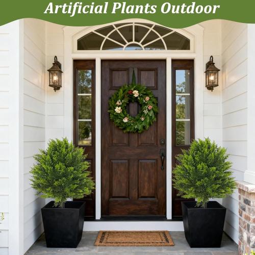 2 Pack Artificial Topiary Ball Tree with Spike Soft Cypress Realistic Faux Cedar Pines Spring Trees UV Rated Fake Shrubs for Spring Pot Fillers Front Door Porch Indoor Outdoor Decor