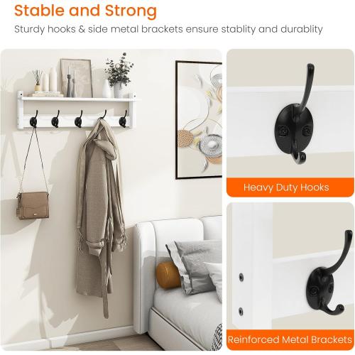 Homode Coat Rack with Wall Shelf and Hooks - 24 Inch Long, Wooden Hanging Coat Hanger with Hat Shelf for Entryway, Bathroom, Mudroom, White