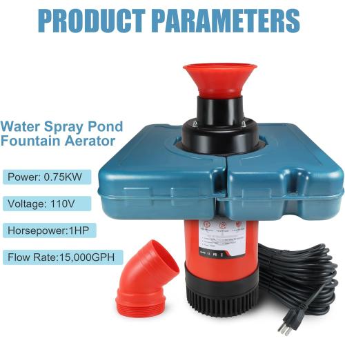 Pond Fountain Aerator, F1-4 1HP 750W 110V PowerfuI Floating Pond Fountain Pump With 100 FT Power Cord, Outdoor Pond Aerating Fountains Cascade Pump for Small Large Ponds Lake Pond Jet System