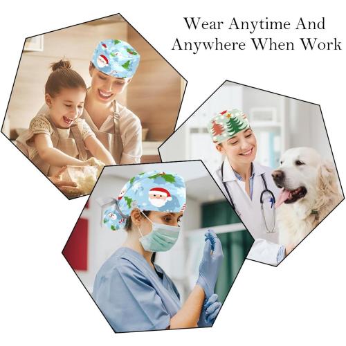 VIOQXI Scrub Cap for Women Medical Long Hair, 2 Packs Adjustable Ribbon Tie Ponytail Hats, Bouffant Surgical Cap Merry Christmas Santa Claus Snowman