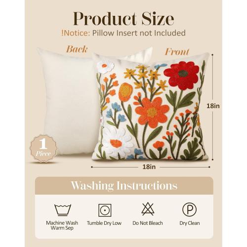 Embroidered Throw Pillow Cover 18x18 Inch - Spring Summer Boho Decorative Pillow Cover with Zipper for Living Room Couch Sofa Bed Aesthetic Design Flower Cluster Cushion Pillowcase