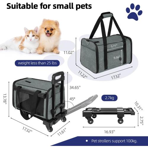 YUDODO 25lbs Large Cat Carrier with Wheels Lightproof Airline Approved Dog Carrier for Small Dog Detachable Rolling Pet Carrier for Traveling Groomers Vet Visits(Gray-Green)