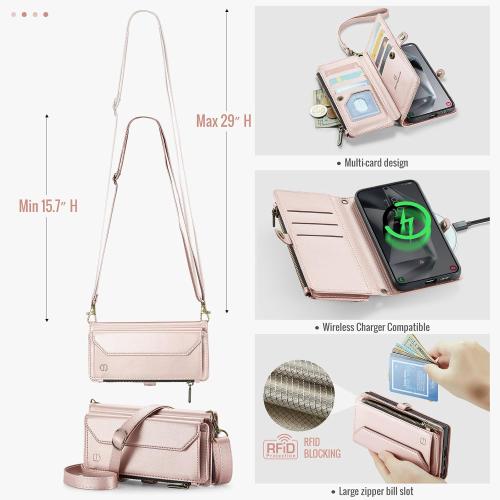 Strapurs for Samsung Galaxy S25 Plus - Zipper Strap Wallet Case, Rose Gold