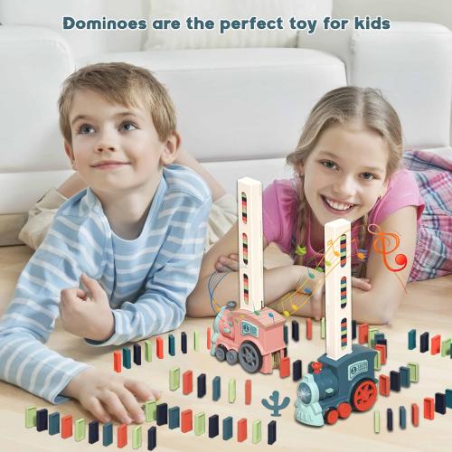 Domino Train Toy Set for Kids, Automatic Dominoes Blocks Building and Stacking Toys Creative Kids Games Early Education Christmas Birthday Gift Boys Girls Age 3 4 5 6 7 8 Year Old (Cyan)