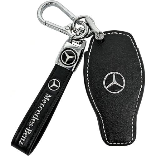 Leather Key Fob Cover for Mercedes-Benz, Full Protective Case with Metal Keychain, Compatible with LS CLK AMG CLK CLK GLC GLE GLS ML SL SLK A C E R S G Remote Key,(Style B: Black)