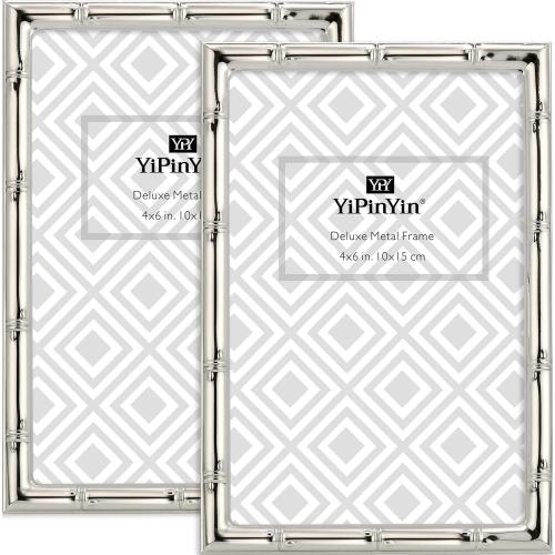4x6'' Bamboo Detail Designs Silver Metal Picture Frame 2pack, Elegant Silver Plated Baby Nurse Photo Frames 4 x 6'' With Soft Touch Velvet Backing for Desktop and Wall Décor(Silver)