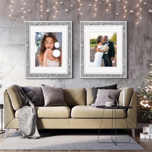 Big Mirror Photo Frame 16x20inch Mat To 11x14inch Crushed Diamond Bling Sparkle Home Decor, 2 Pack Crystal Silver Glass Wedding Picture Poster Wall Frame.