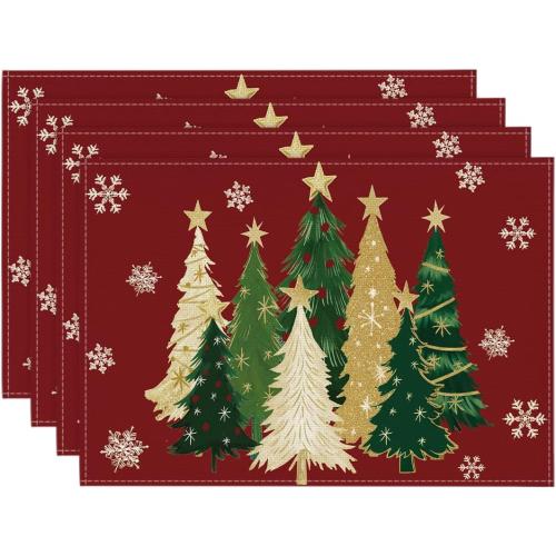 Artoid Mode Xmas Trees Snowflakes Winter Placemats Set of 4, 12x18 Inch Seasonal Red Christmas Table Mats for Party Kitchen Dining Decoration