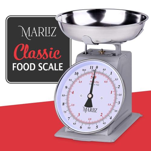 MARLIZ 11 lb/ 5Kg Old Antique Style Mechanical Kitchen Scale with 2 Bowls | Analog Food Weight Scales for Kitchen | Grey