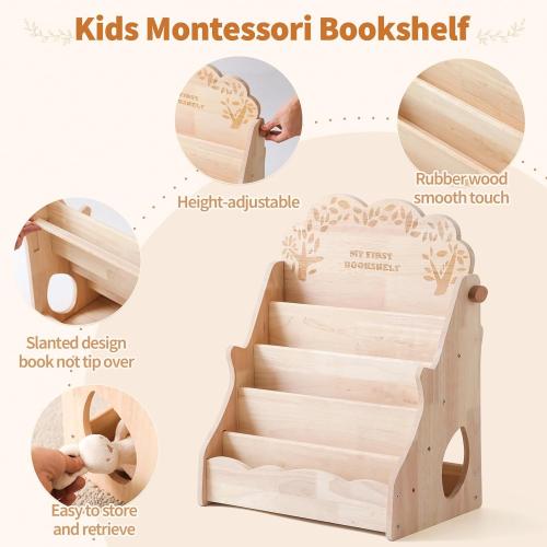 WOODEN TEETHER 5-Tier Montessori Bookshelf for Kids - Durable Rubber Wood Bookcase with Chalkboard & Storage - Display Rack for Nursery & Kids Room