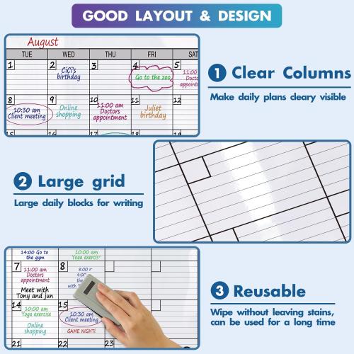 Dry Erase Monthly Extra Large White Board Calendar for Wall, 38 by 50, Jumbo Laminated Erasable One Month Whiteboard Calendar, Huge Oversized Blank 30-Day Poster with Lines and Squares