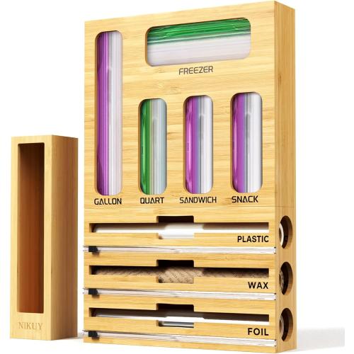9 IN 1 Bamboo Foil and Plastic Wrap Organizer for Kitchen Drawer, Plastic Bag Organizer Organization and Storage, Food Storage Bag Organizer with Labels for Quart Gallon Snack Sandwich Bag
