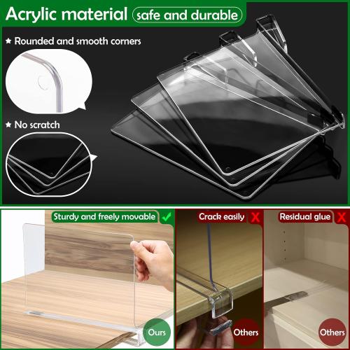 Consevisen Shelf Dividers for Closet Organization and Storage, 6 Pack Acrylic Clear Closet Shelf Dividers for Wood Shelves, Vertical Sweater Handbag Purse Organizer for Bedroom Kitchen Office