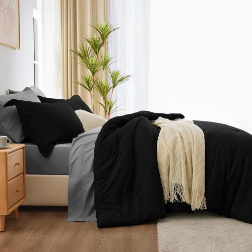 CozyLux Black Queen Comforter Set - 7 Piece Bed in a Bag Bedding Set with Comforter, Flat Sheets, Fitted Sheet, Pillowcases & Shams - Boho Contrasting Design Black and Grey