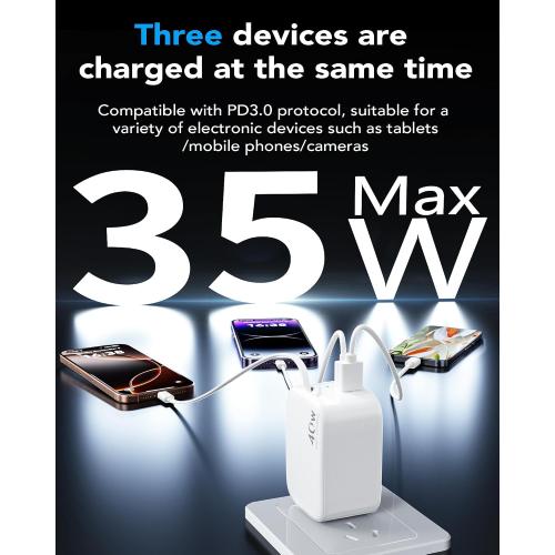 White Retractable Wall Charger,40W PD Fast USB C Charger Block with Retractable Type-C Cable,Portable Fast Charging Adapter with Foldable Plug for iPhone 16/15,iPad Pro 13,12.9,11 inch,Galaxy,Pixel