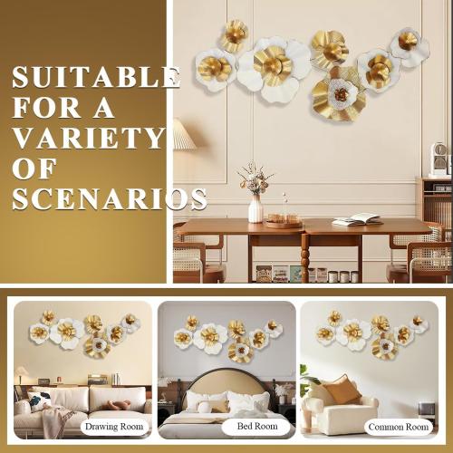 White Gold Abstract Wall Decor - Modern Metal Wall Sculptures, Large 3D Vertical 49*25 Flower Wall Decor for Living Room, Dining Room, Bedroom