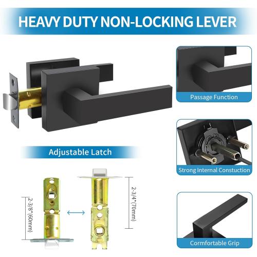 Color Black Passage Door Lever, Matte Black Interior Door Handles for Hallway& Closet Heavy Duty Non-Locking Lever Sets Keyless Door Knobs Lockset for Right & Left Side Door, 2 Pack