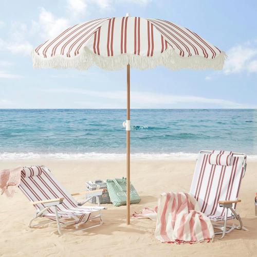 Striped 6.5FT Striped Beach Umbrella with Fringe, UPF 50  Sun Protection, Adjustable Height and Tilt Design, Wind-Resistant Fiberglass Ribs, Sturdy Wood Grain Iron Pole, Lightweight & Portable with Carry Bag, Base Not Included