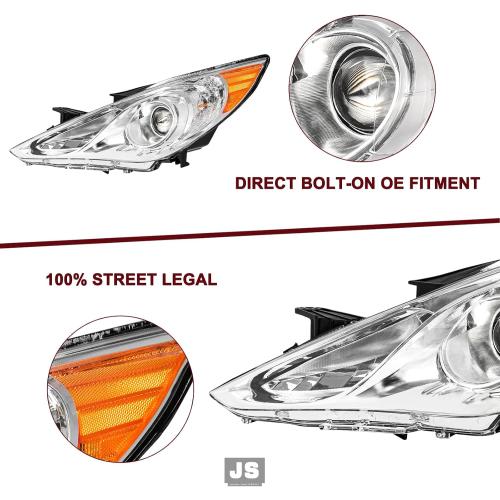 JSBOYAT Headlight Assembly Compatible with 2011-2014 Hyundai Sonata 4 Door Sedan w/Projector Halogen, Not Fit for Hybrid Models, Chrome Housing with Amber Reflector