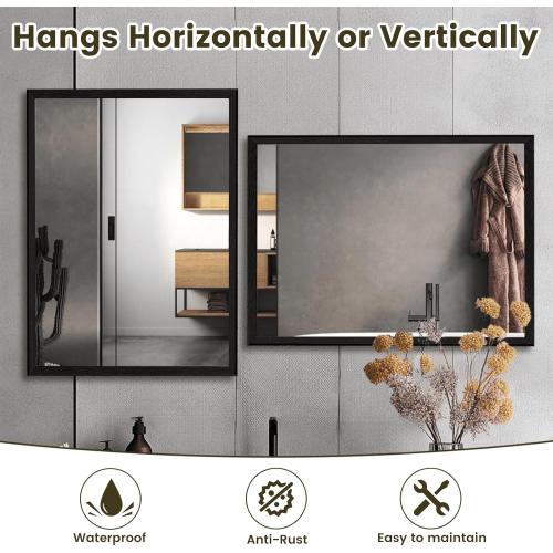 WEER 24X36 Inch Black Bathroom Mirror, Matte Black Framed Mirror, Rectangular Wall Mirror, Vanity Mirror for Bathroom, Anti-Rust, Tempered Glass, Hangs Horizontally or Vertically