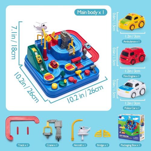 hahaland 3 Year Old Toys, Car Race Track City Rescue Toy Gifts for Boys 3-4 | Fine Motor Skills Toy with 3 Mini Cars & Magnetic Helicopter, STEM Montessori Learning Educational Birthday Gifts for Toddler