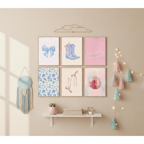 6Pcs Blue Pink Preppy Canvas Wall Art Coquette Room Posters Print Artwork Cute Bow Boot Wall Decor How Lucky Are We Painting Pictures for Girls Room Dorm Bedroom Home Decoration 8x10in Unframed