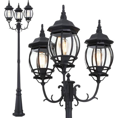 94 Inch 3-Light Post Lantern For Patio Lawn Pathway Triple-Head Post Light For Front Yard Outdoor Street Light 94” Exterior Pole Lights,Aluminium Alloy,Clear Glass Shade,E26(Bulbs Not Included)