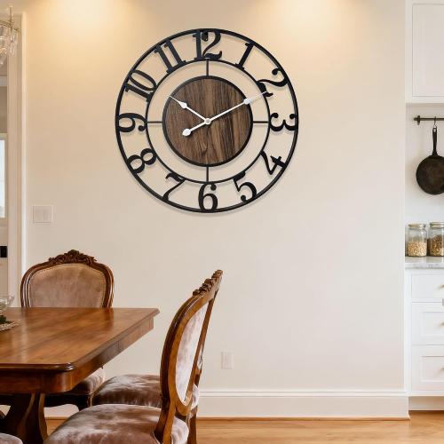 Large Metal Wall Clock, 30 Inch Retro Decorative Silent, Non Ticking, Battery Operated Modern Big Wood Wall Clock for Living Room, Farmhouse, Bedroom, Fireplace, Kitchen, Office, Home Decor