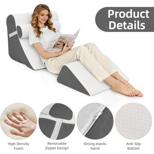 4PCS Orthopedic Bed Wedge Pillow Set for Post Surgery & Pain Relief, Adjustable Wedge Pillow for Back,Acid Reflux,Sitting up in Bed,Recovery,Snoring,Body Pillow for Sleeping (White/Dark Grey)