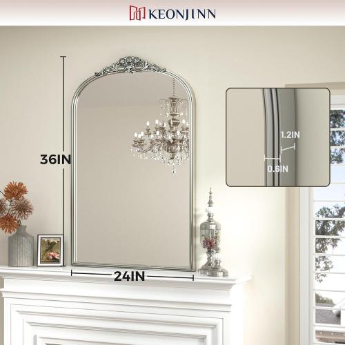 Keonjinn Vintage Mirror 24 x 36, Antique Mirrors for Wall Decor, Silver Arched Decorative Mirror for Mantle, Hallway, Living Room, Fireplace, Bedroom, Bathroom Mirror with French Cleat Mounting