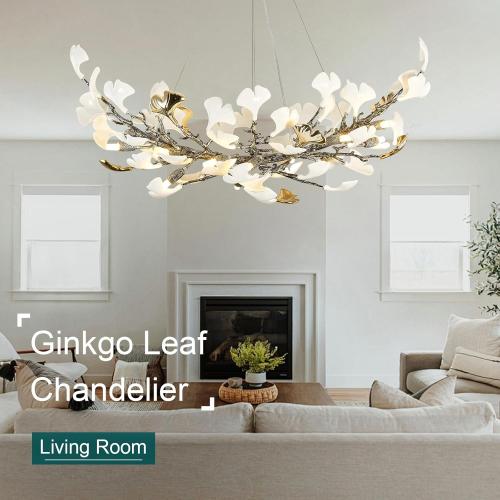 Modern Tree Branch Chandeliers for Dining Room,47 Rectangle Ceramic Ginkgo Leaf Chandelier, Dining Chandelier Over Table for Living (Bulb not Included)
